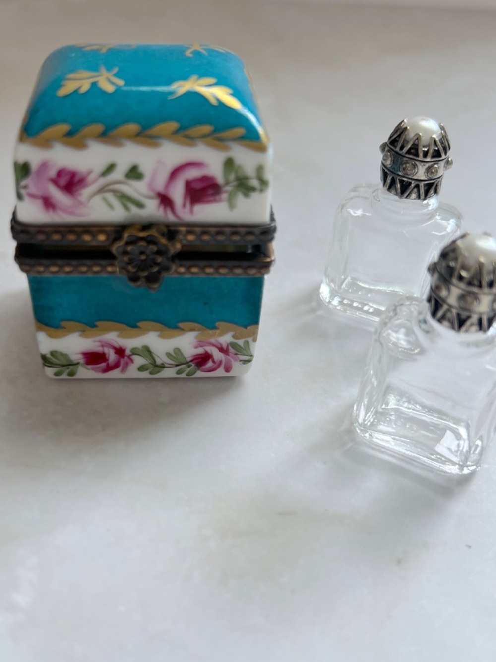 Authentic Limoges Perfume Bottle Box Artist Signed LR Hand Painted Turquoise